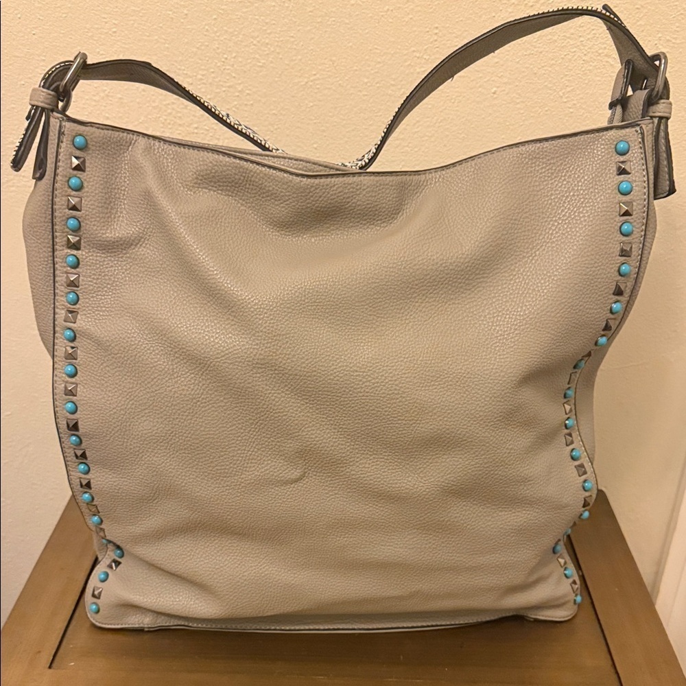 Urban Expressions Gray  Bag with Turquoise & Black Studs & Embroided Strap